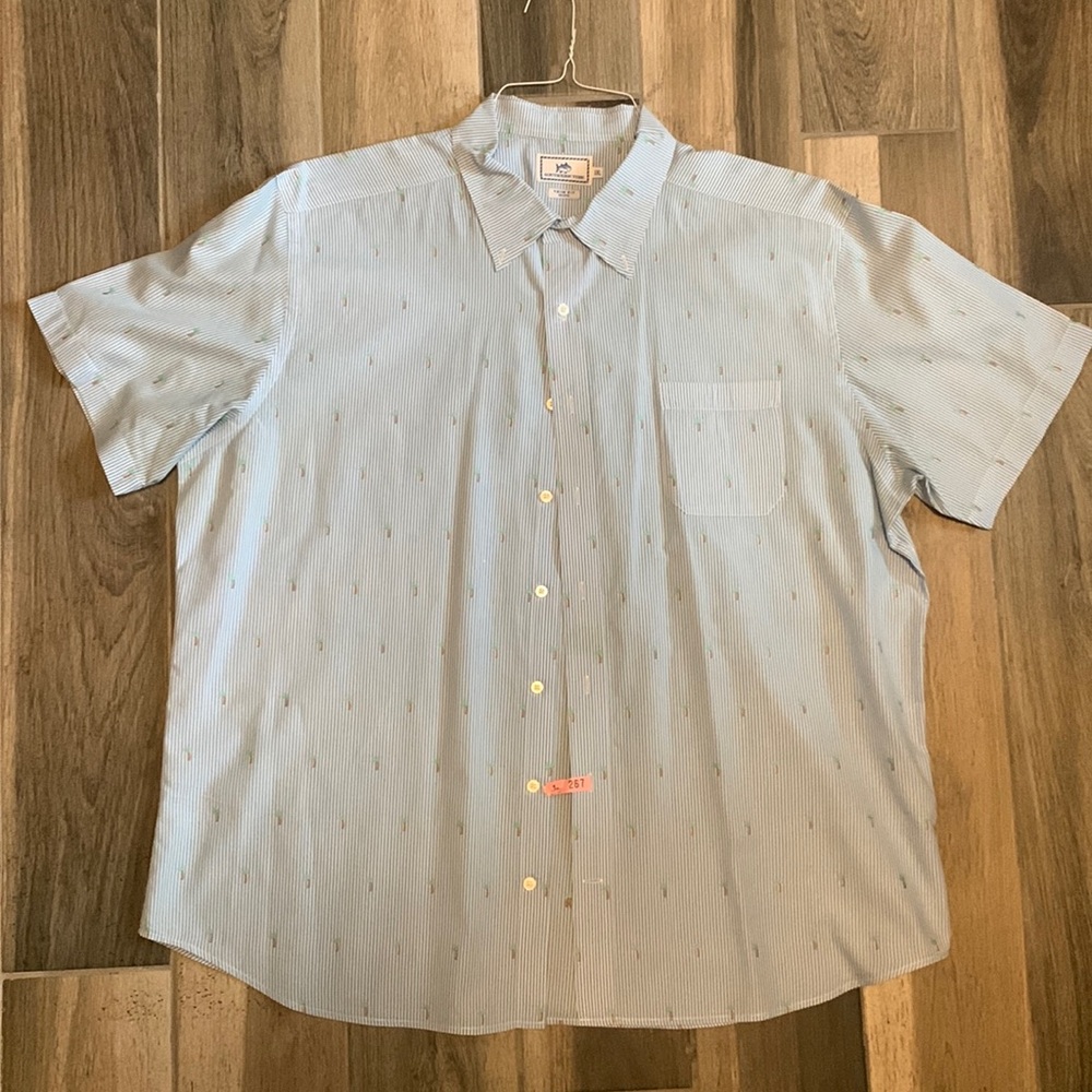 Southern Tide Men’s Trim Fit Button Down - XXL Blue & White Stripes, Palm Trees